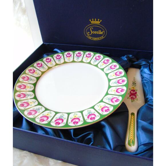 NEW Sorrel English Rose CAKE PLATTER STAND & SERVER Porcelain Pedestal Roses BOX - Picture 2 of 10